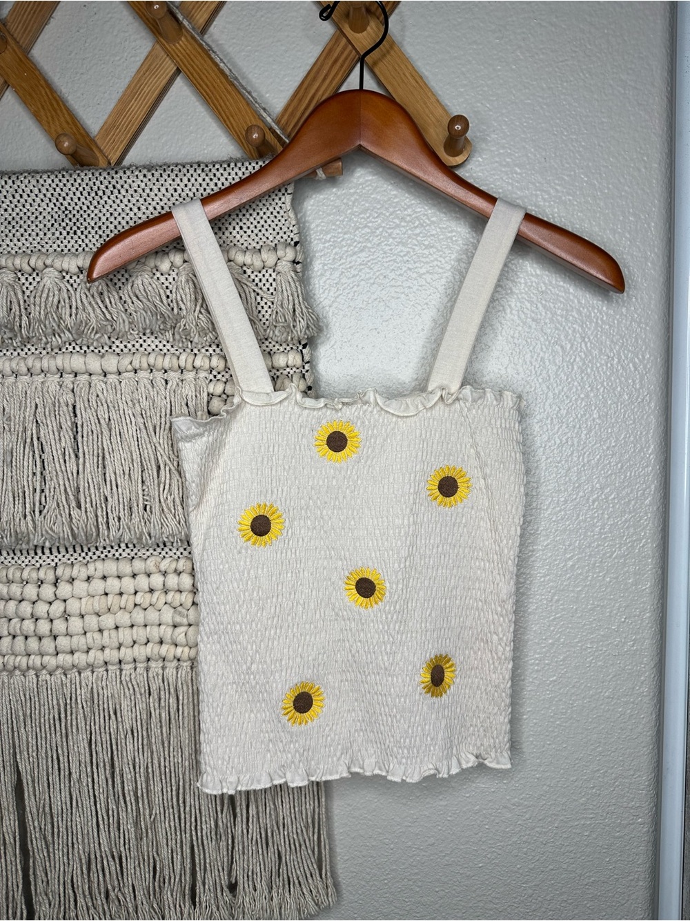 No Boundaries Cream Smocked Top with Yellow Sunflower